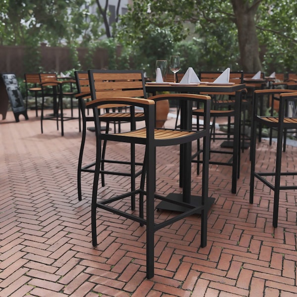 Flash Furniture Patio Bar Stool with Faux Teak Slats and Armrests XU-DG-HW6036B-ARM-GG - main